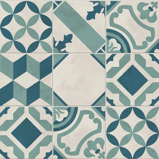 Dettaglio Piastrella da pavimento e rivestimento in gres porcellanato serie Terra.Art di Marca Corona, effetto cementine, formato 20x20 cm, Colore Mix Oceano Cielo