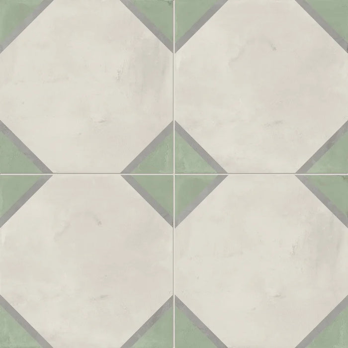 Dettaglio Piastrella da pavimento e rivestimento in gres porcellanato serie Terra.Art di Marca Corona, effetto cementine, formato 20x20 cm, Colore Ottagono Sabbia Menta