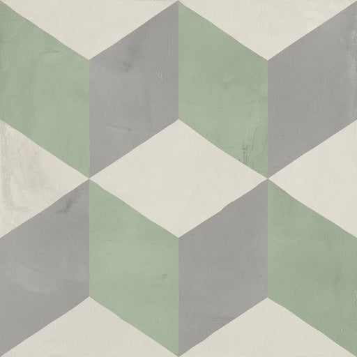 Dettaglio Piastrella da pavimento e rivestimento in gres porcellanato serie Terra.Art di Marca Corona, effetto cementine, formato 20x20 cm, Colore Cubo Sabbia Menta