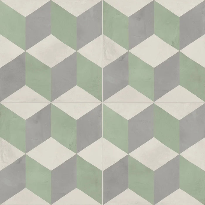 Dettaglio Piastrella da pavimento e rivestimento in gres porcellanato serie Terra.Art di Marca Corona, effetto cementine, formato 20x20 cm, Colore Cubo Sabbia Menta