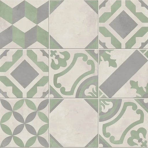 Dettaglio Piastrella da pavimento e rivestimento in gres porcellanato serie Terra.Art di Marca Corona, effetto cementine, formato 20x20 cm, Colore Mix Sabbia Menta