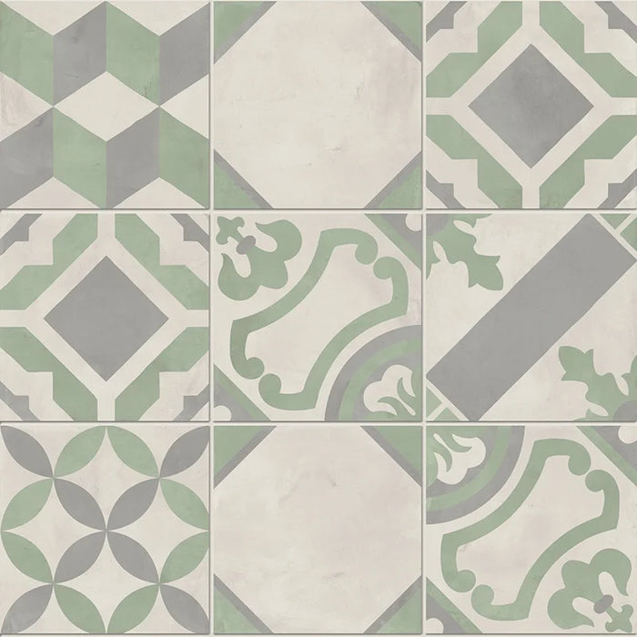 Dettaglio Piastrella da pavimento e rivestimento in gres porcellanato serie Terra.Art di Marca Corona, effetto cementine, formato 20x20 cm, Colore Mix Sabbia Menta