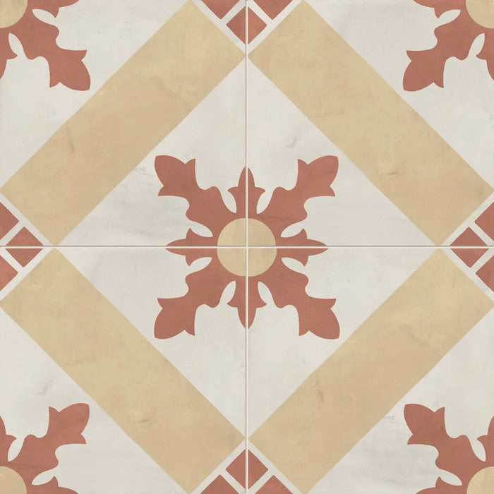 Dettaglio Piastrella da pavimento e rivestimento in gres porcellanato serie Terra.Art di Marca Corona, effetto cementine, formato 20x20 cm, Colore Cardinale Tramonto Crema