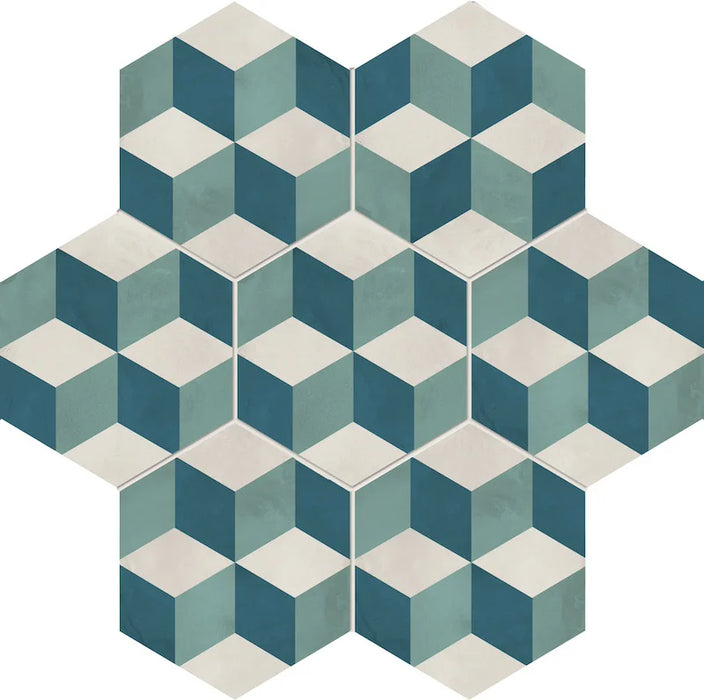 Dettaglio Piastrella da pavimento e rivestimento in gres porcellanato serie Terra.Art di Marca Corona, effetto cementine, formato esagonale 25x21 cm, Colore Cubo O/C Esagona