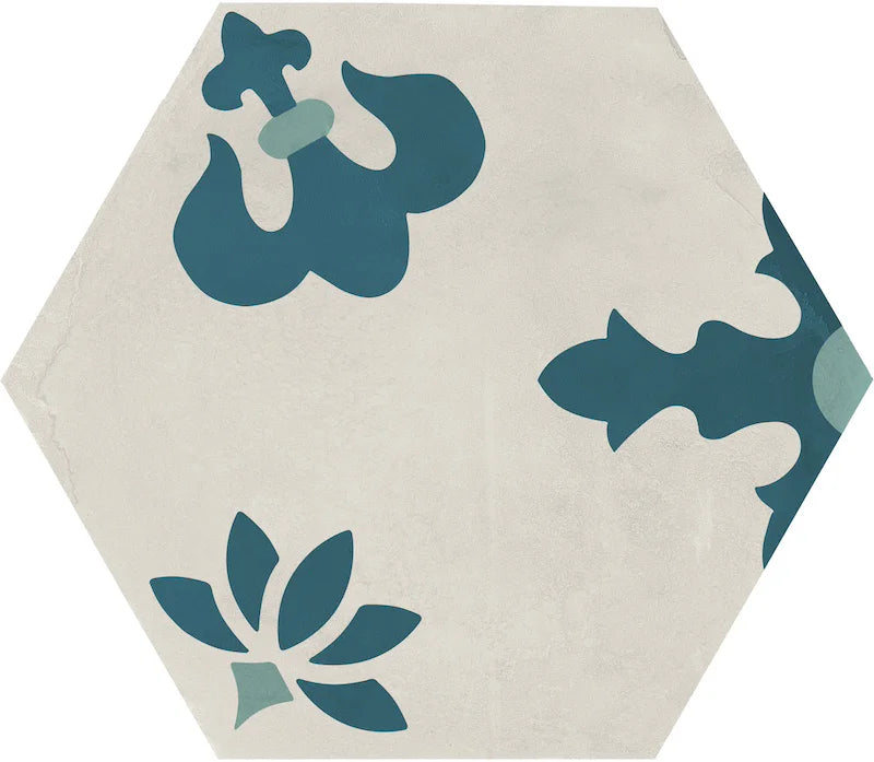Dettaglio Piastrella da pavimento e rivestimento in gres porcellanato serie Terra.Art di Marca Corona, effetto cementine, formato esagonale 25x21 cm, Colore Composizione Giglio O/C Esagona