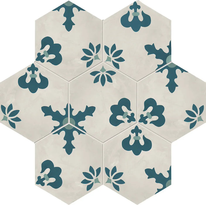 Dettaglio Piastrella da pavimento e rivestimento in gres porcellanato serie Terra.Art di Marca Corona, effetto cementine, formato esagonale 25x21 cm, Colore Composizione Giglio O/C Esagona