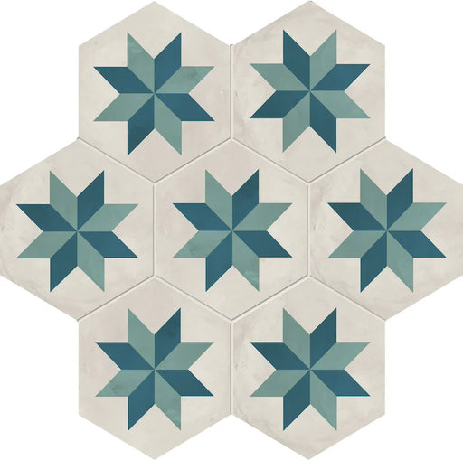 Dettaglio Piastrella da pavimento e rivestimento in gres porcellanato serie Terra.Art di Marca Corona, effetto cementine, formato esagonale 25x21 cm, Colore Stella O/C Esagona