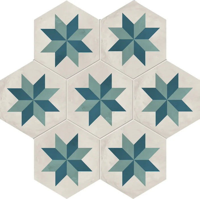 Dettaglio Piastrella da pavimento e rivestimento in gres porcellanato serie Terra.Art di Marca Corona, effetto cementine, formato esagonale 25x21 cm, Colore Stella O/C Esagona