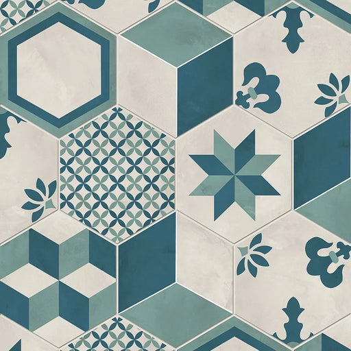 Dettaglio Piastrella da pavimento e rivestimento in gres porcellanato serie Terra.Art di Marca Corona, effetto cementine, formato esagonale 25x21 cm, Colore Mix O/C Esagona