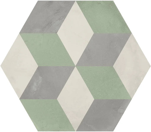 Dettaglio Piastrella da pavimento e rivestimento in gres porcellanato serie Terra.Art di Marca Corona, effetto cementine, formato esagonale 25x21 cm, Colore Cubo S/M Esagona