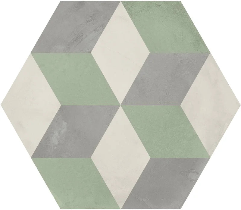 Dettaglio Piastrella da pavimento e rivestimento in gres porcellanato serie Terra.Art di Marca Corona, effetto cementine, formato esagonale 25x21 cm, Colore Cubo S/M Esagona