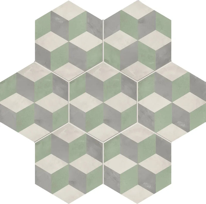 Dettaglio Piastrella da pavimento e rivestimento in gres porcellanato serie Terra.Art di Marca Corona, effetto cementine, formato esagonale 25x21 cm, Colore Cubo S/M Esagona