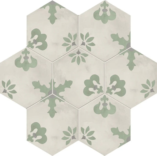 Dettaglio Piastrella da pavimento e rivestimento in gres porcellanato serie Terra.Art di Marca Corona, effetto cementine, formato esagonale 25x21 cm, Colore Composizione Giglio S/M Esagona