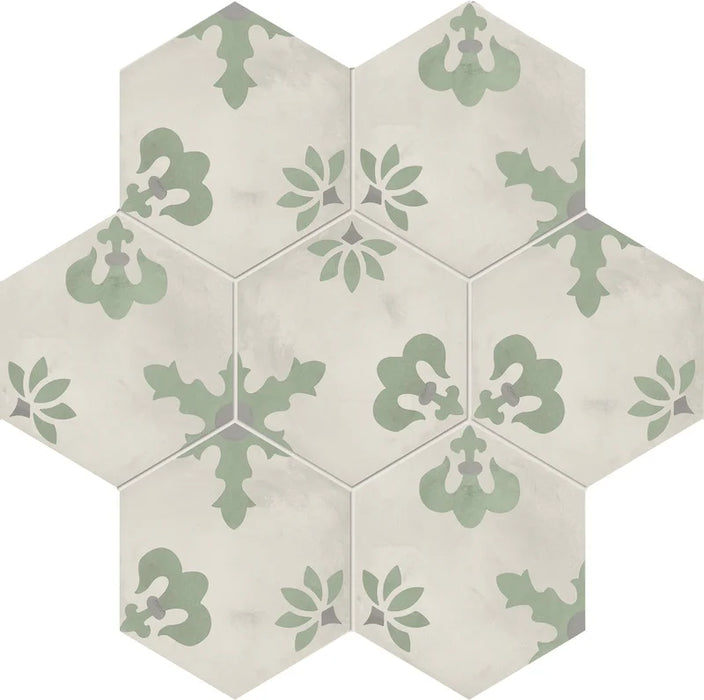 Dettaglio Piastrella da pavimento e rivestimento in gres porcellanato serie Terra.Art di Marca Corona, effetto cementine, formato esagonale 25x21 cm, Colore Composizione Giglio S/M Esagona