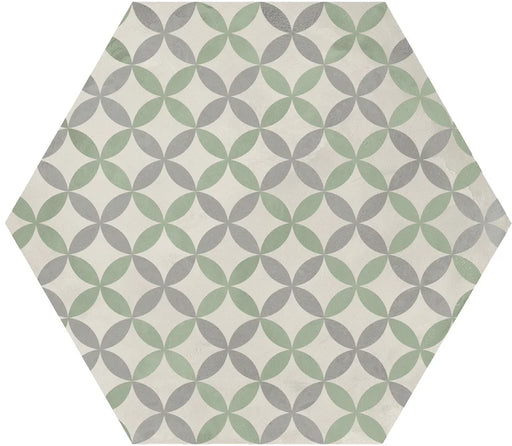 Dettaglio Piastrella da pavimento e rivestimento in gres porcellanato serie Terra.Art di Marca Corona, effetto cementine, formato esagonale 25x21 cm, Colore Astro S/M Esagona