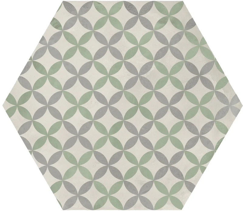 Dettaglio Piastrella da pavimento e rivestimento in gres porcellanato serie Terra.Art di Marca Corona, effetto cementine, formato esagonale 25x21 cm, Colore Astro S/M Esagona