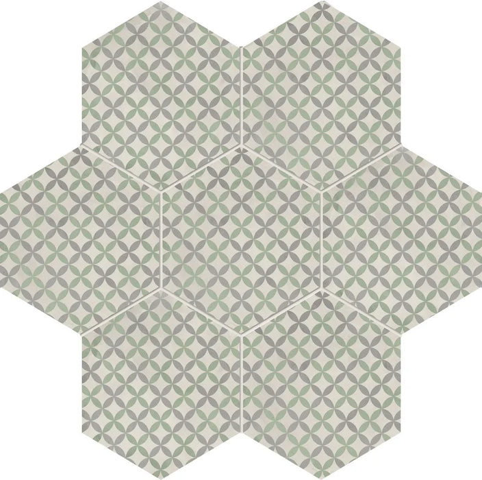 Dettaglio Piastrella da pavimento e rivestimento in gres porcellanato serie Terra.Art di Marca Corona, effetto cementine, formato esagonale 25x21 cm, Colore Astro S/M Esagona