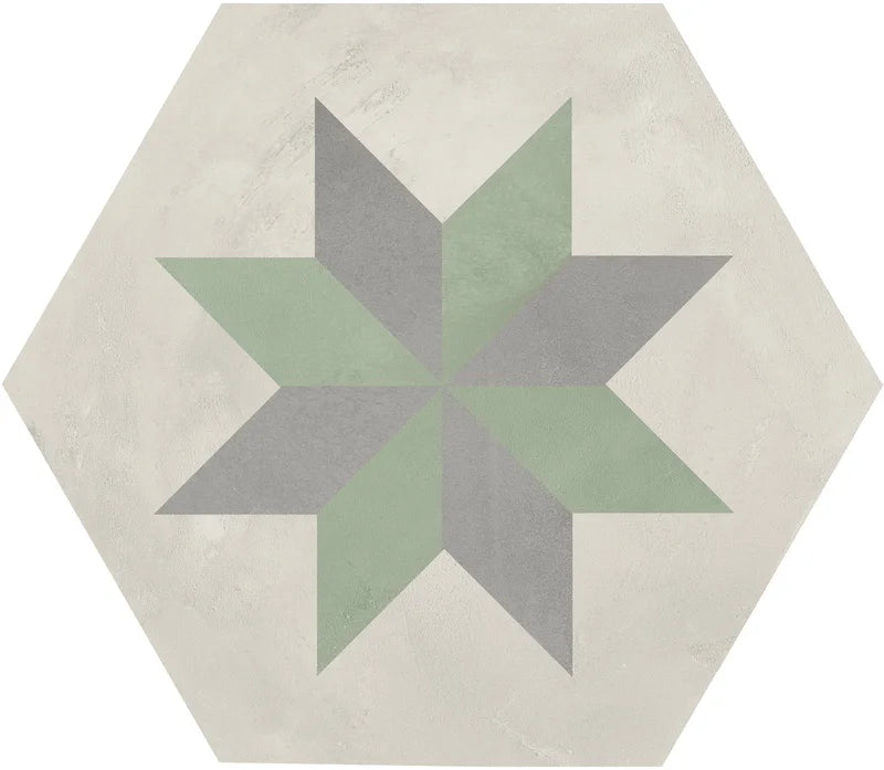 Dettaglio Piastrella da pavimento e rivestimento in gres porcellanato serie Terra.Art di Marca Corona, effetto cementine, formato esagonale 25x21 cm, Colore Stella S/M Esagona