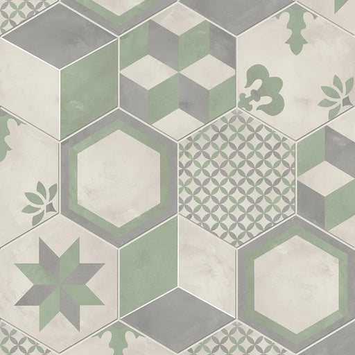 Dettaglio Piastrella da pavimento e rivestimento in gres porcellanato serie Terra.Art di Marca Corona, effetto cementine, formato esagonale 25x21 cm, Colore Mix S/M Esagona