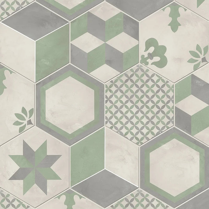 Dettaglio Piastrella da pavimento e rivestimento in gres porcellanato serie Terra.Art di Marca Corona, effetto cementine, formato esagonale 25x21 cm, Colore Mix S/M Esagona