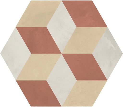 Dettaglio Piastrella da pavimento e rivestimento in gres porcellanato serie Terra.Art di Marca Corona, effetto cementine, formato esagonale 25x21 cm, Colore Cubo T/C Esagona