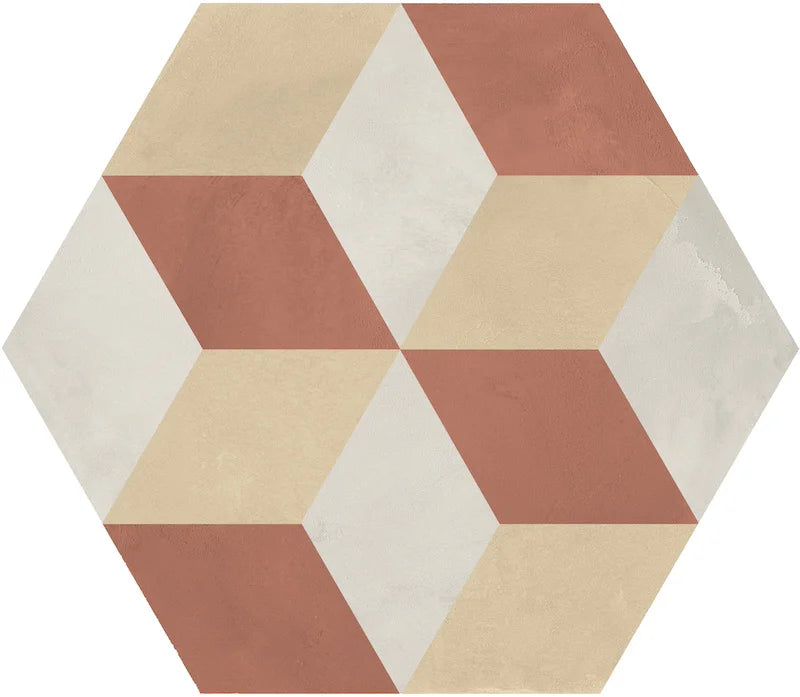 Dettaglio Piastrella da pavimento e rivestimento in gres porcellanato serie Terra.Art di Marca Corona, effetto cementine, formato esagonale 25x21 cm, Colore Cubo T/C Esagona