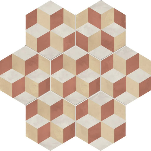 Dettaglio Piastrella da pavimento e rivestimento in gres porcellanato serie Terra.Art di Marca Corona, effetto cementine, formato esagonale 25x21 cm, Colore Cubo T/C Esagona