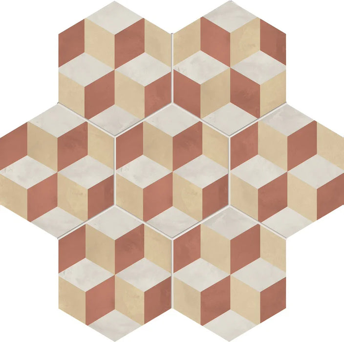 Dettaglio Piastrella da pavimento e rivestimento in gres porcellanato serie Terra.Art di Marca Corona, effetto cementine, formato esagonale 25x21 cm, Colore Cubo T/C Esagona