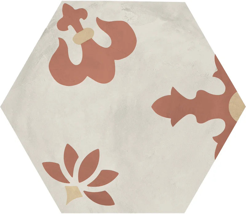 Dettaglio Piastrella da pavimento e rivestimento in gres porcellanato serie Terra.Art di Marca Corona, effetto cementine, formato esagonale 25x21 cm, Colore Composizione Giglio T/C Esagona