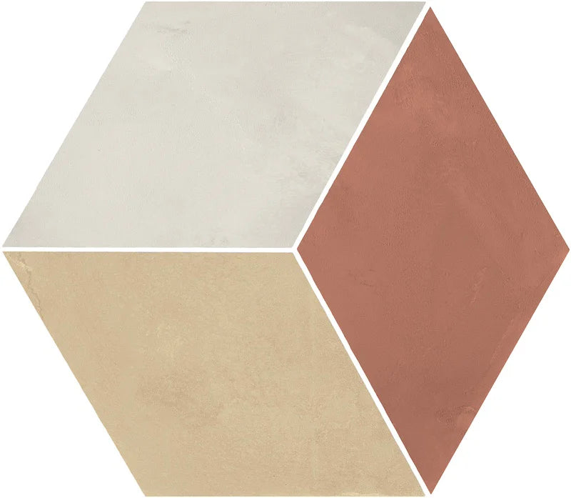 Dettaglio Piastrella da pavimento e rivestimento in gres porcellanato serie Terra.Art di Marca Corona, effetto cementine, formato esagonale 25x21 cm, Colore Rombo T/C Esagona