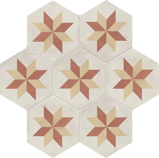 Dettaglio Piastrella da pavimento e rivestimento in gres porcellanato serie Terra.Art di Marca Corona, effetto cementine, formato esagonale 25x21 cm, Colore Stella T/C Esagona
