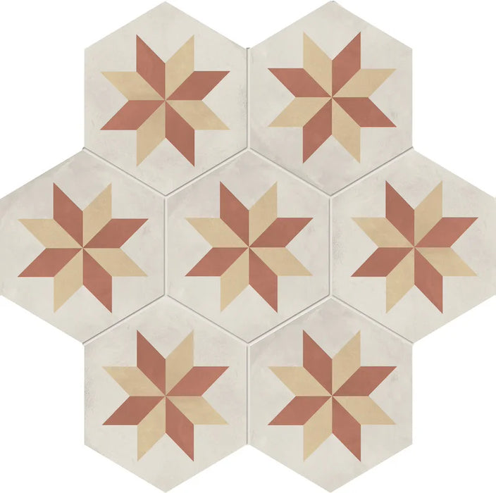 Dettaglio Piastrella da pavimento e rivestimento in gres porcellanato serie Terra.Art di Marca Corona, effetto cementine, formato esagonale 25x21 cm, Colore Stella T/C Esagona