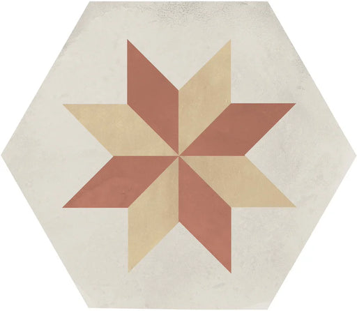 Dettaglio Piastrella da pavimento e rivestimento in gres porcellanato serie Terra.Art di Marca Corona, effetto cementine, formato esagonale 25x21 cm, Colore Stella T/C Esagona