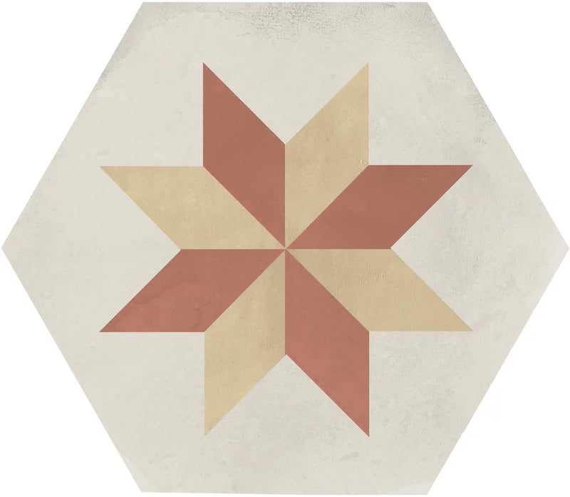 Dettaglio Piastrella da pavimento e rivestimento in gres porcellanato serie Terra.Art di Marca Corona, effetto cementine, formato esagonale 25x21 cm, Colore Stella T/C Esagona