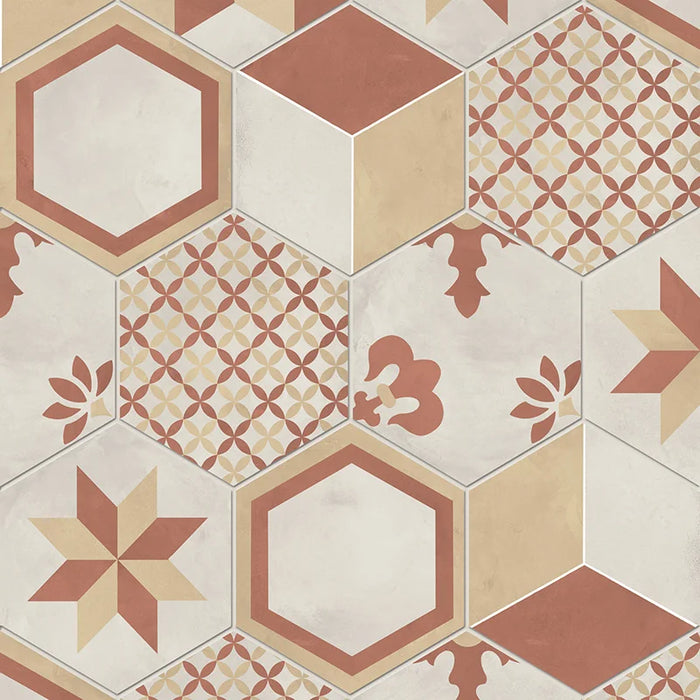 Dettaglio Piastrella da pavimento e rivestimento in gres porcellanato serie Terra.Art di Marca Corona, effetto cementine, formato esagonale 25x21 cm, Colore Mix T/C Esagona