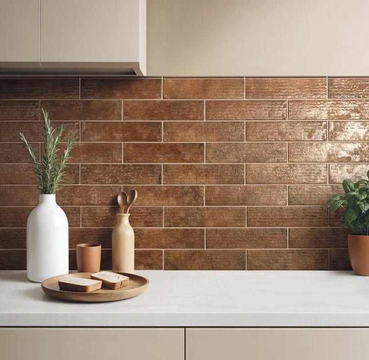 Dettaglio ambientazione Cucina Moderna piastrella per rivestimento in gres porcellanato effetto mattoncino lucido 7,5x30 cm della collezione Inciso, colore Earth di Ceramica Settecento