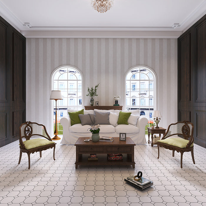 Salotto elegante classico con divano bianco e pavimento in gres ottagonale con tozzetto bianco della collezione Imperiale di Self Style by Keradom, formato 15x15 colore bianco