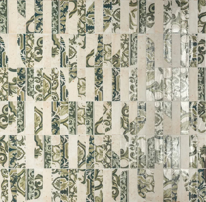 Dettaglio Piastrella da rivestimento in gres porcellanato serie Miniature Fregio di Marca Corona, effetto mattoncino maiolicato, formato 6x24, Colore Verde Maiolica