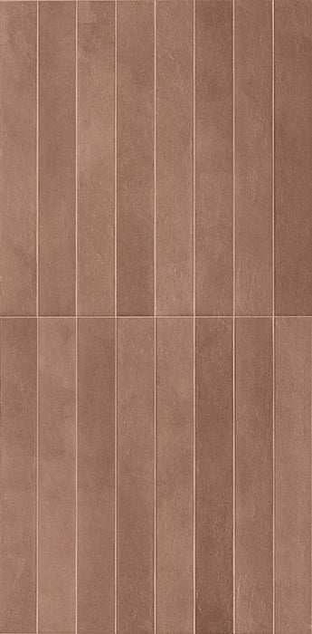 Dettaglio Piastrella da pavimento e rivestimento in gres porcellanato serie Longarine Calcecreta di Marca Corona, effetto mattoncino, formato 7.5x60, Colore Terracotta