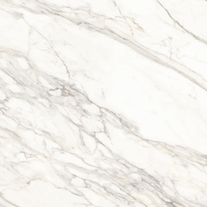 Dettaglio piastrella per pavimenti e rivestimenti in gres porcellanato effetto marmo bianco della collezione Versilia di Ceramiche Keope, formato 120x120, colore Borghini White