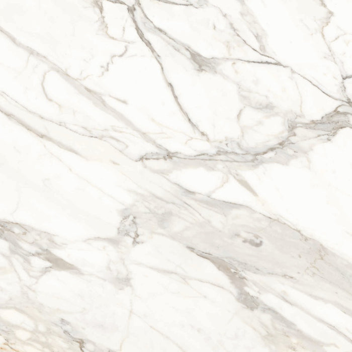 Dettaglio piastrella per pavimenti e rivestimenti in gres porcellanato effetto marmo bianco della collezione Versilia di Ceramiche Keope, formato 120x120, colore Borghini White