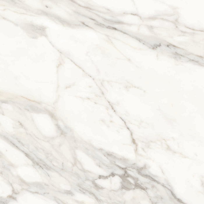 Dettaglio piastrella per pavimenti e rivestimenti in gres porcellanato effetto marmo bianco della collezione Versilia di Ceramiche Keope, formato 60x60, colore Borghini White