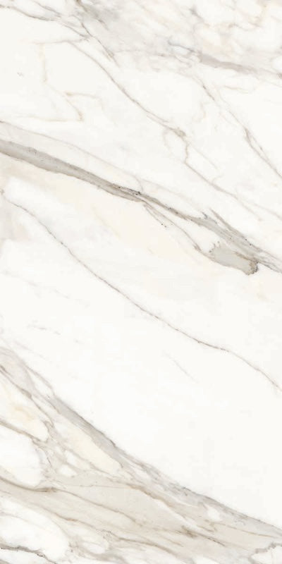 Dettaglio piastrella per pavimenti e rivestimenti in gres porcellanato effetto marmo bianco della collezione Versilia di Ceramiche Keope, formato 60x120, colore Borghini White 