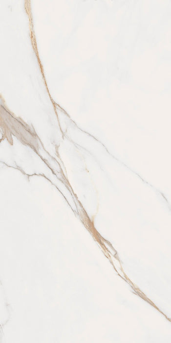 Dettaglio piastrella in gres porcellanato effetto marmo, Ceramiche Keope - Collezione Elements Lux, formato 60x120 cm, finitura lappata, vellutata al tatto, colore Calacatta Gold. Ideale per pavimenti e rivestimenti di design.