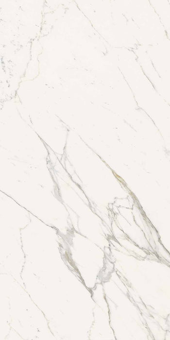 Dettaglio piastrella in gres porcellanato effetto marmo, Ceramiche Keope - Collezione Elements Lux, formato 60x120 cm, finitura lappata, vellutata al tatto, colore Calacatta Statuarietto. Ideale per pavimenti e rivestimenti di design.