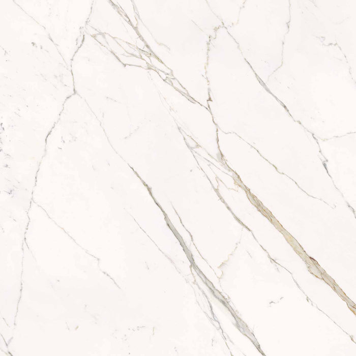 Dettaglio piastrella in gres porcellanato effetto marmo, Ceramiche Keope - Collezione Elements Lux, formato 120x120 cm, finitura lappata, colore Calacatta Statuarietto. Ideale per pavimenti e rivestimenti di design.