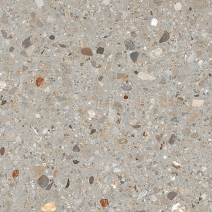 Dettaglio piastrella in gres porcellanato effetto pietra con dettagli in marmo, Ceramiche Keope - Collezione Dolmix, formato 60x60 cm, finitura natural R9, colore Grey. Ideale per pavimenti e rivestimenti di design.