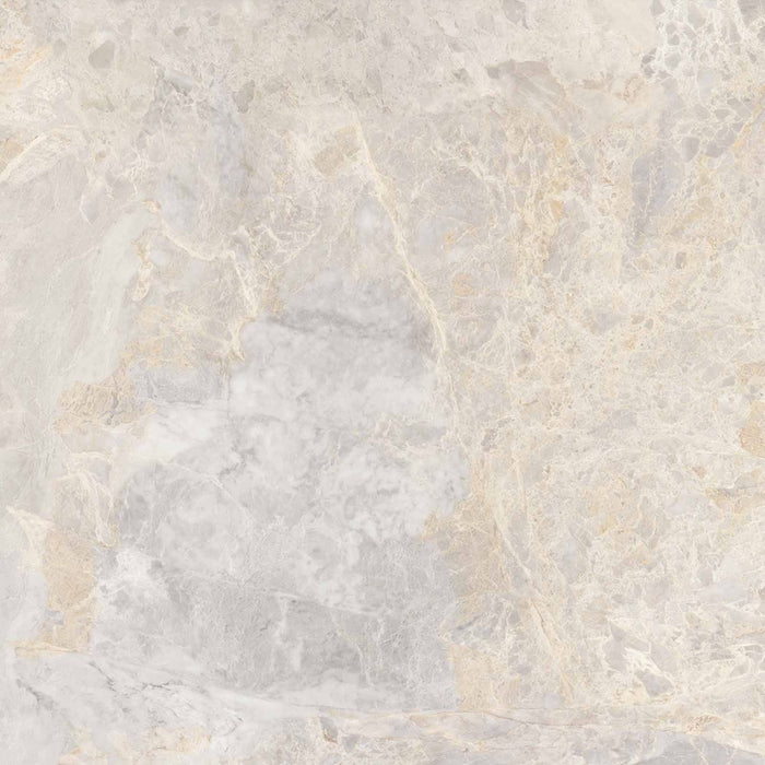 Dettaglio piastrella per pavimenti e rivestimenti in gres porcellanato effetto marmo grigio della collezione Versilia di Ceramiche Keope, formato 120x120, colore Fiorito Ivory