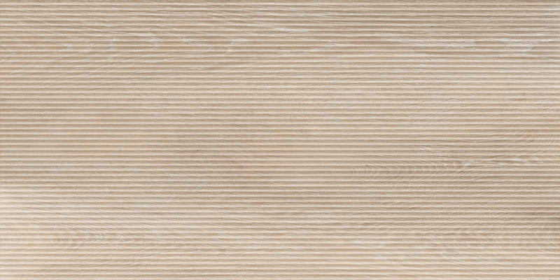 Dettaglio piastrella in gres porcellanato effetto legno rovere rigato leggermente in rilievo. Unica di ceramiche keope 60x120 colore Beige