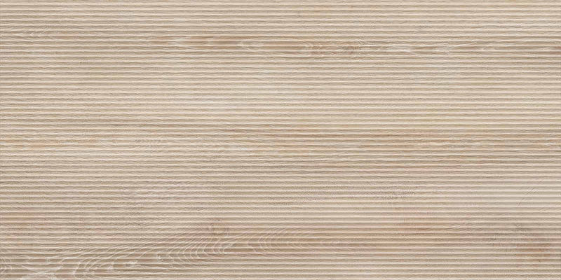 Dettaglio piastrella in gres porcellanato effetto legno rovere rigato leggermente in rilievo. Unica di ceramiche keope 60x120 colore Beige